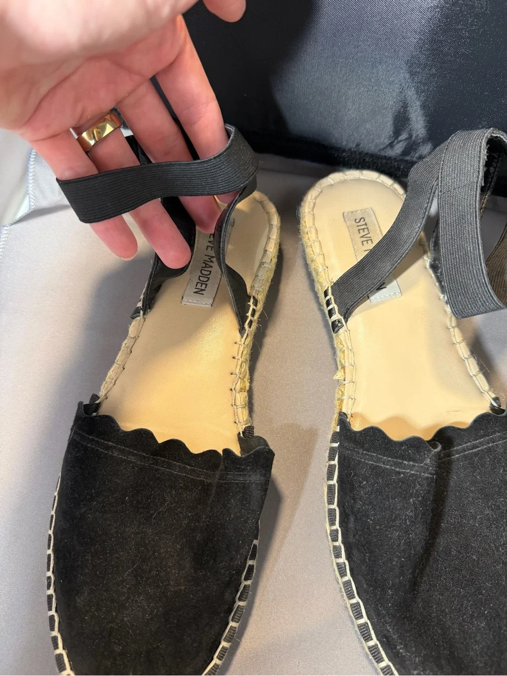 Steve Madden Black Scallop Suede Espadrille Ankle-Strap Flats